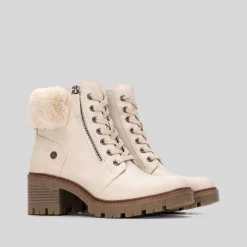 Botín tacón cuello pelo beige REFRESH
