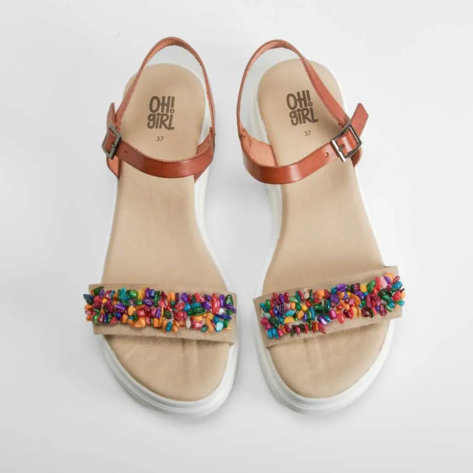 Sandalia cuña de piel abalorios multicolor OH GIRL