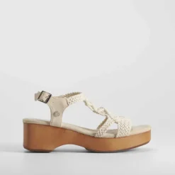 Sandalia tacón madera macramé blanca XTI